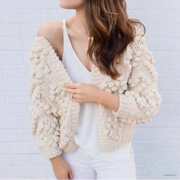 Chicwish Knit Your Love Ivory Heart Shape Pompoms Chunky Knit Cardigan Sweater S - Picture 8 of 13